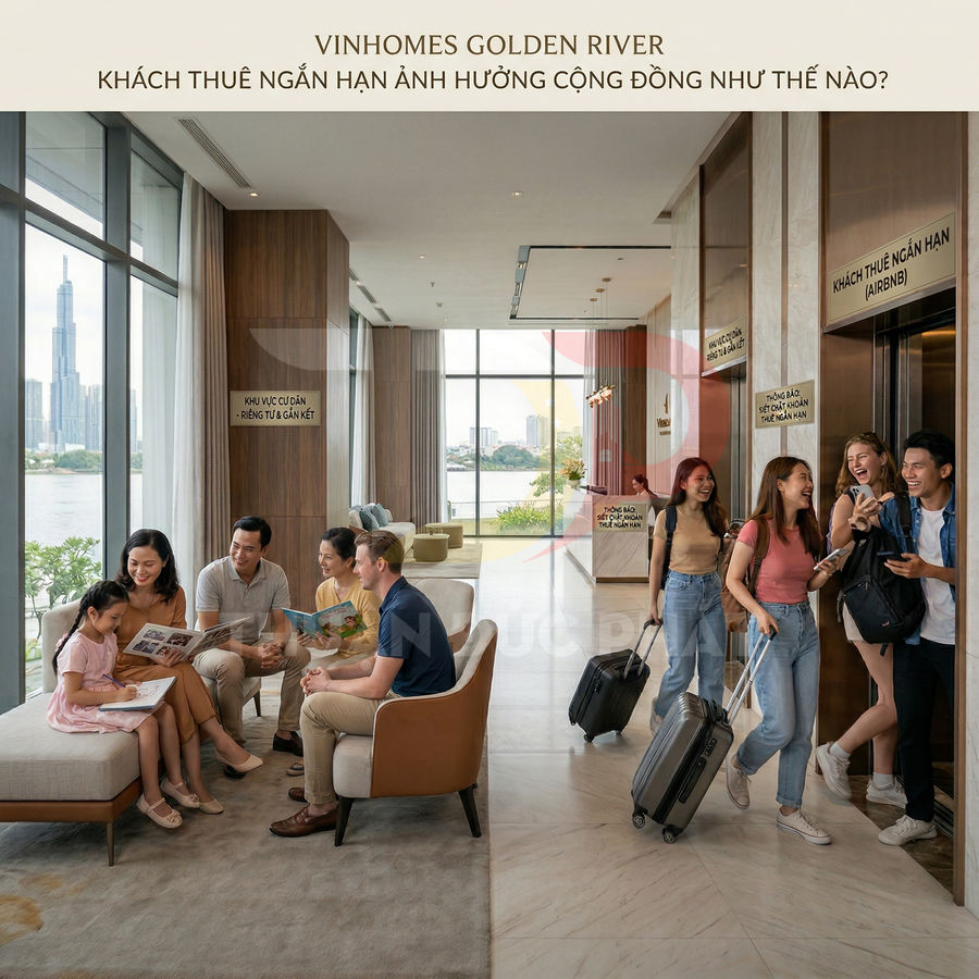Sảnh chung cư Vinhomes Golden River với cư dân ngồi đọc sách và nhóm khách thuê ngắn hạn kéo vali ra vào