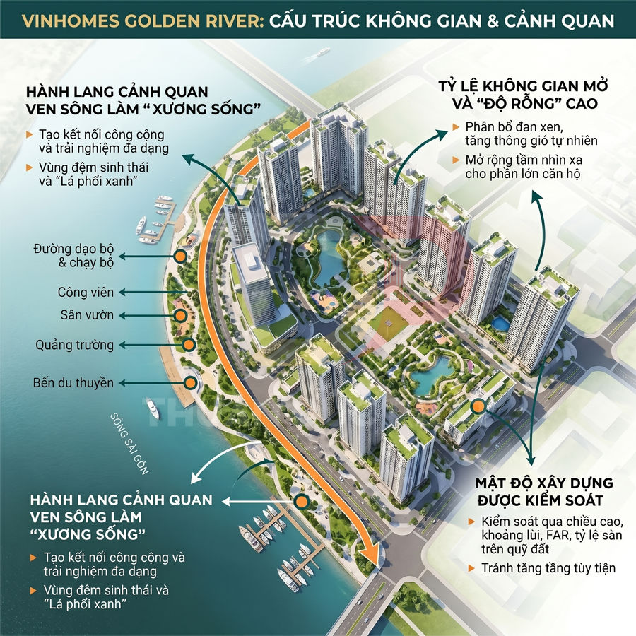 Phối cảnh dự án Vinhomes Golden River ven sông Sài Gòn với các tòa căn hộ cao tầng và tiện ích xanh