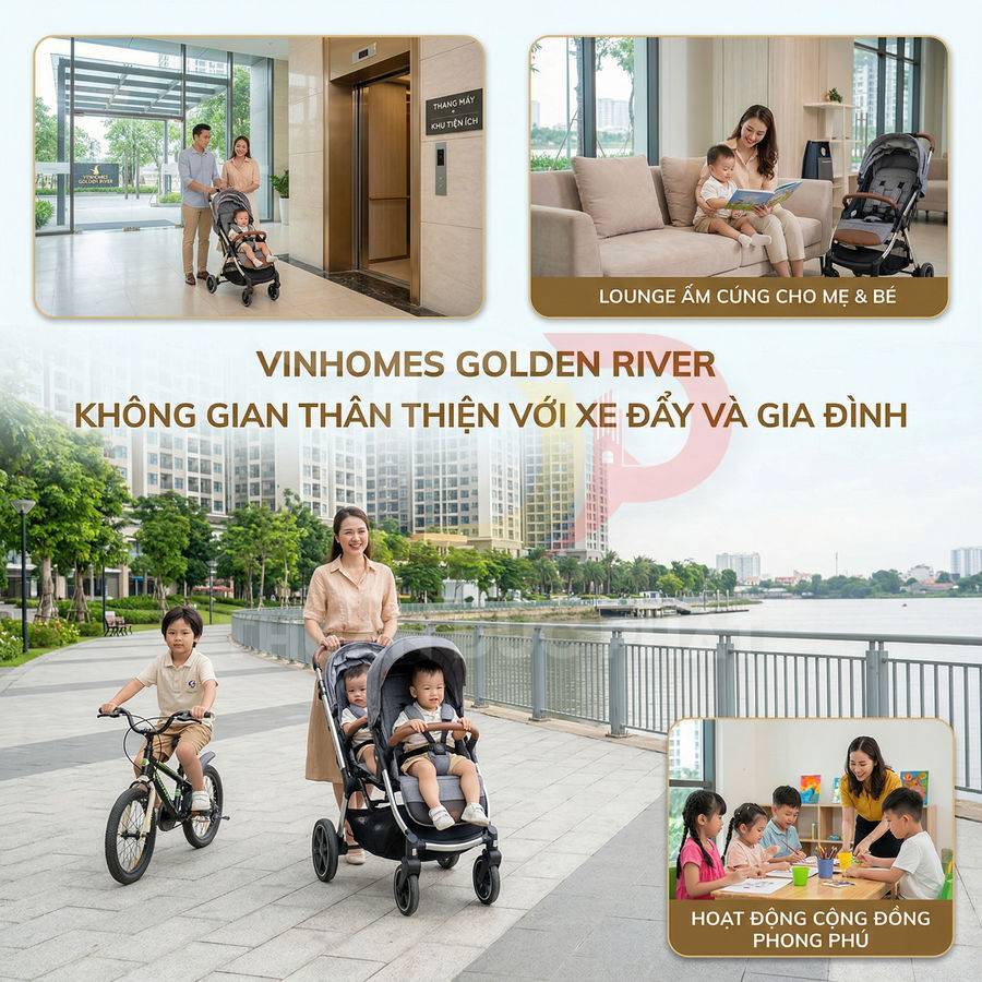 Gia đình sử dụng xe đẩy đôi cho trẻ nhỏ dạo bộ trong khu căn hộ Vinhomes Golden River bên sông