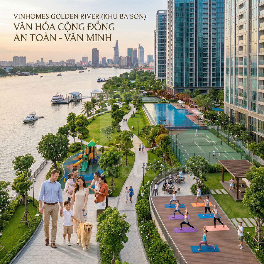 Khu căn hộ Vinhomes Golden River ven sông với công viên, hồ bơi, sân tennis và cư dân sinh hoạt ngoài trời