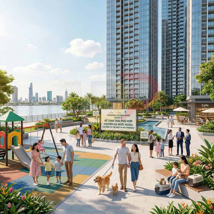Khu căn hộ Vinhomes Golden River ven sông với sân chơi trẻ em, hồ bơi và không gian dạo bộ cho gia đình có thú cưng