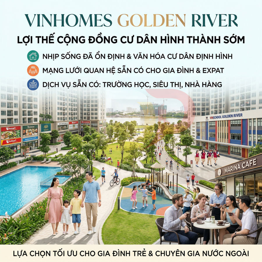 Khu đô thị Vinhomes Golden River với hồ bơi, công viên, trường học, quán cà phê và cư dân sinh hoạt đông vui