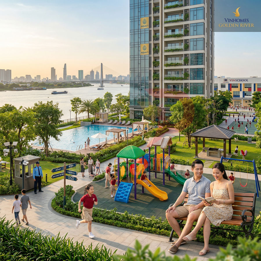 Khu căn hộ Vinhomes Golden River với hồ bơi, sân chơi trẻ em và không gian xanh ven sông