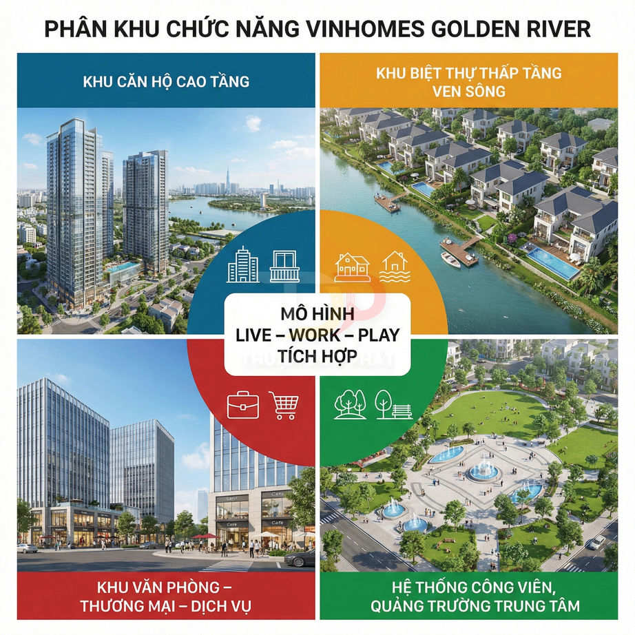 Phân khu chức năng Vinhomes Golden River với căn hộ cao tầng, biệt thự ven sông, văn phòng và công viên trung tâm