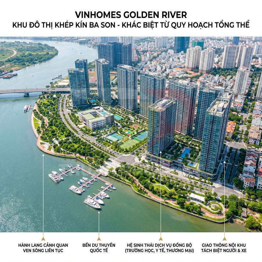 Khu đô thị Vinhomes Golden River Ba Son ven sông với bến du thuyền và các tòa căn hộ cao tầng hiện đại