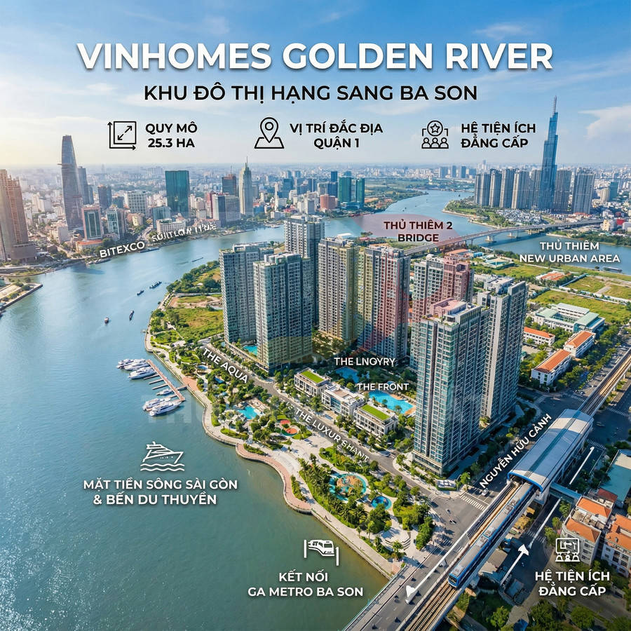 Khu đô thị Vinhomes Golden River Ba Son ven sông Sài Gòn với các tòa căn hộ cao cấp và ga metro Ba Son