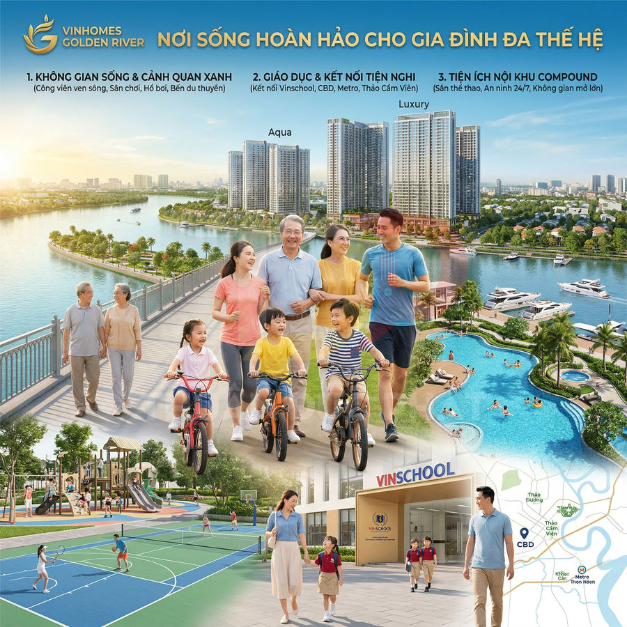 Khu đô thị Vinhomes Golden River với hồ bơi, bến du thuyền, công viên và tiện ích cho gia đình đa thế hệ