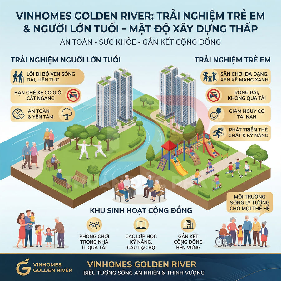 Tiện ích cộng đồng Vinhomes Golden River với công viên ven sông, sân chơi trẻ em và khu sinh hoạt cho người lớn tuổi