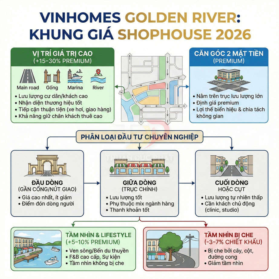 Infographic khung giá shophouse Vinhomes Golden River 2026 với vị trí, phân loại đầu tư và tầm nhìn sản phẩm