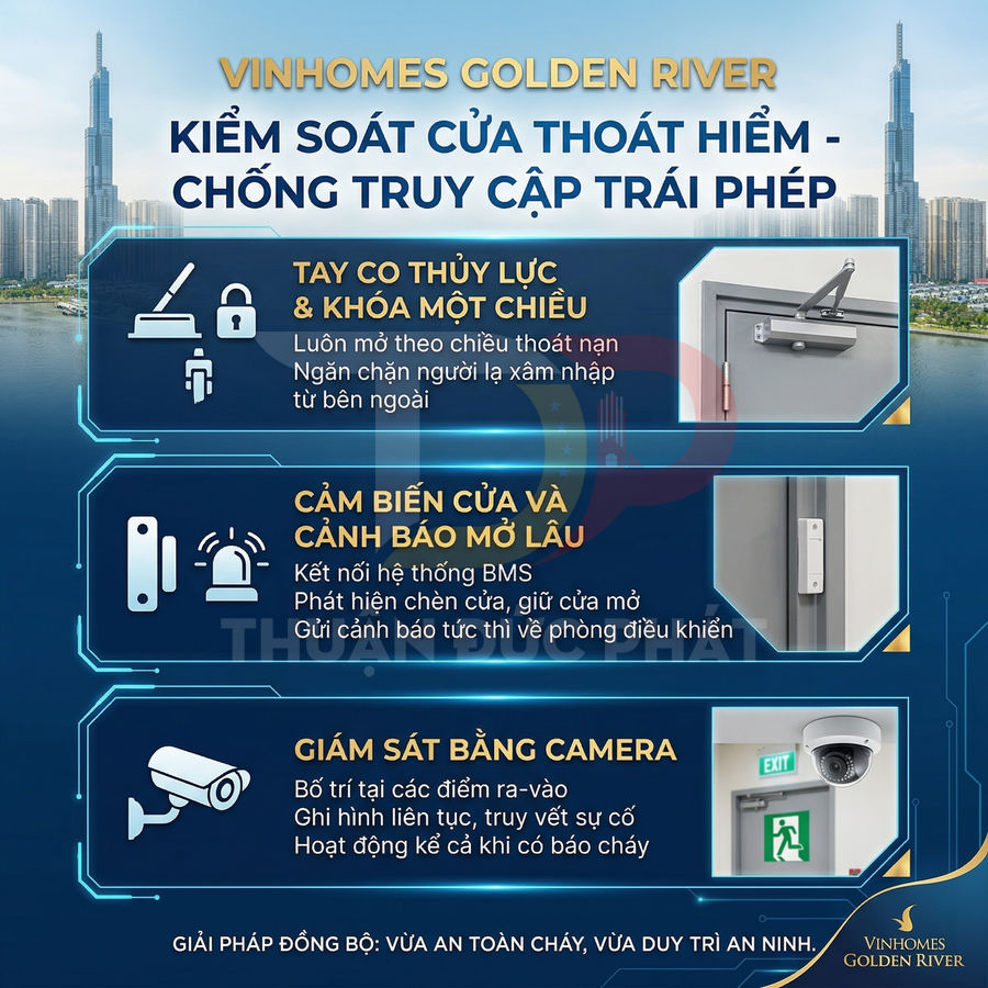 Giải pháp kiểm soát cửa thoát hiểm Vinhomes Golden River với tay co thủy lực, cảm biến cửa và camera giám sát