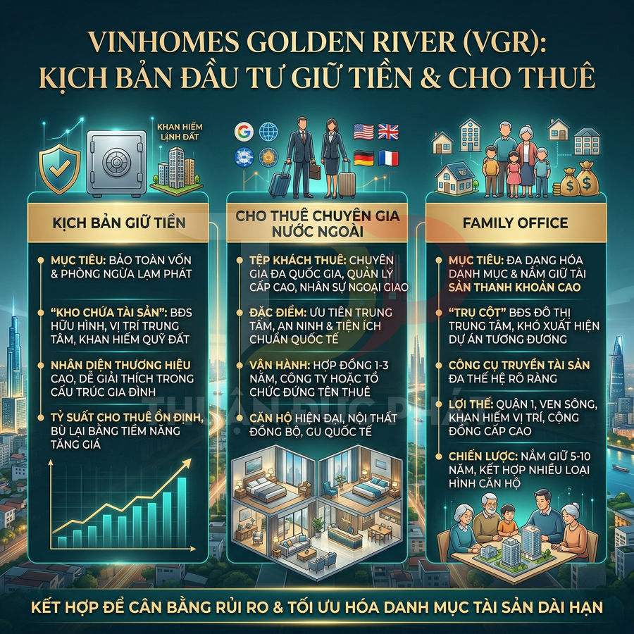 Infographic Vinhomes Golden River VGR giới thiệu kịch bản đầu tư giữ tiền, cho thuê chuyên gia nước ngoài và family office