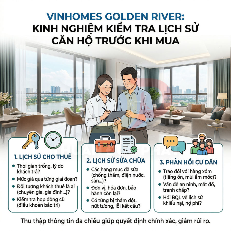 Infographic Vinhomes Golden River hướng dẫn kiểm tra lịch sử căn hộ trước khi mua trong không gian phòng khách view sông