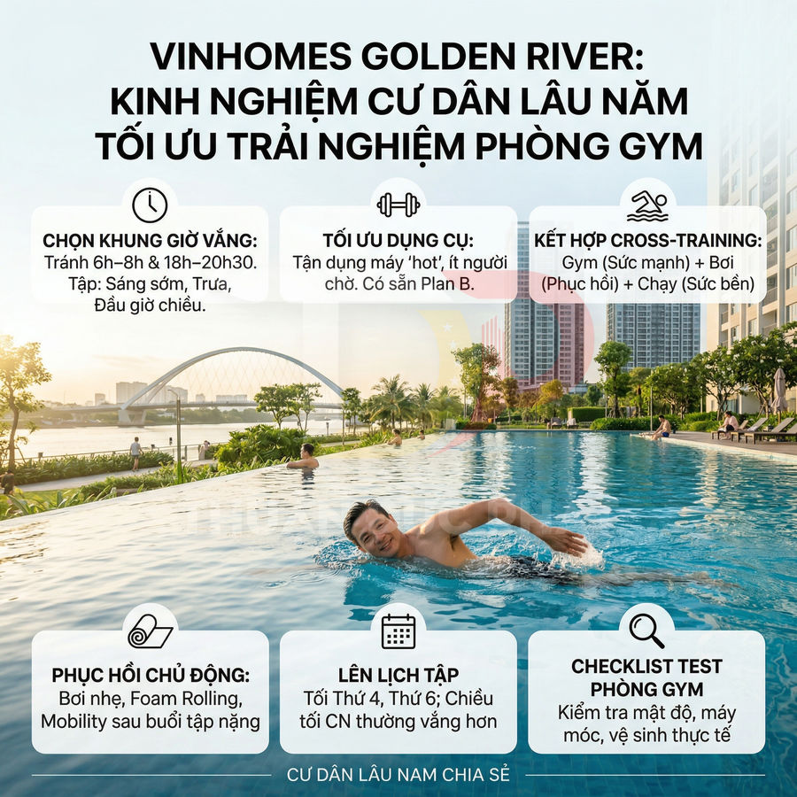 Cư dân bơi trong hồ bơi ngoài trời tại Vinhomes Golden River, xung quanh là tòa nhà cao tầng và không gian xanh