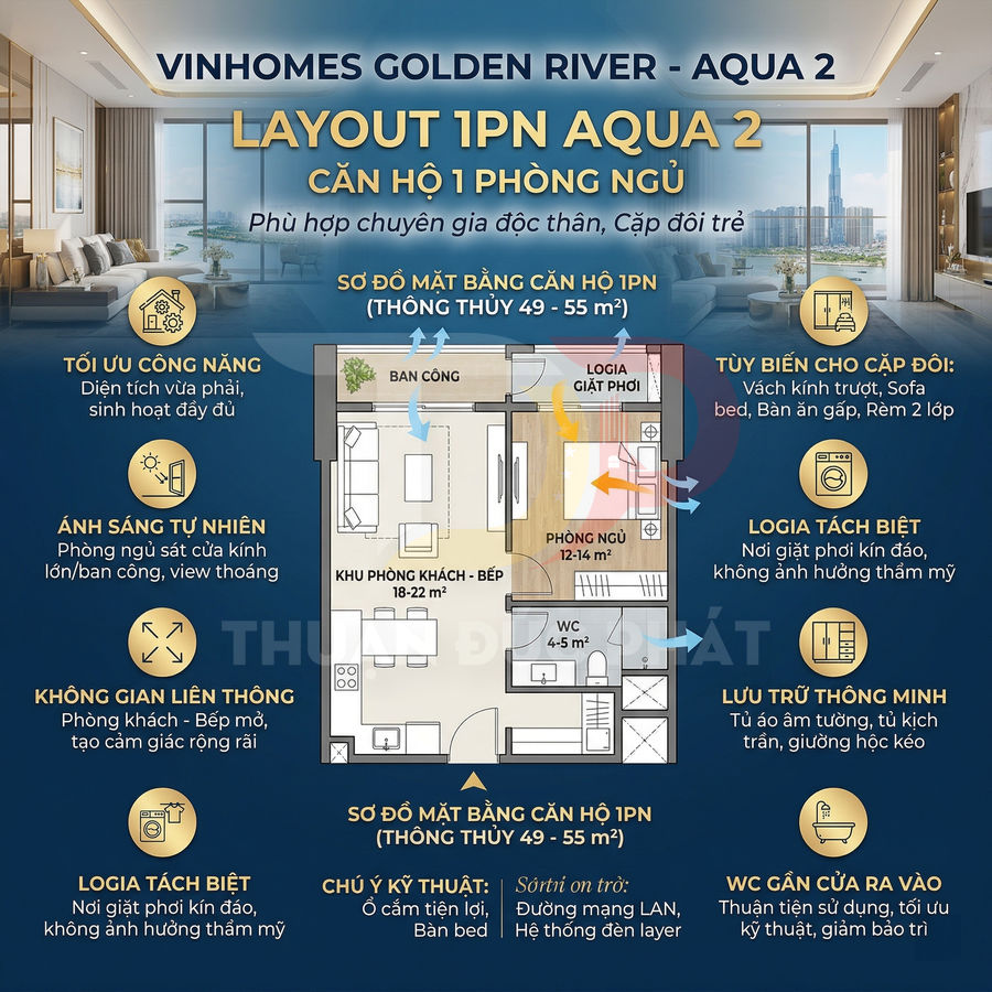 Mặt bằng căn hộ 1 phòng ngủ Vinhomes Golden River Aqua 2 với sơ đồ bố trí phòng khách, bếp, ban công và logia