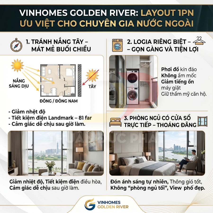 Căn hộ 1 phòng ngủ Vinhomes Golden River với logia riêng, phòng khách và phòng ngủ view sông, nhiều ánh sáng tự nhiên