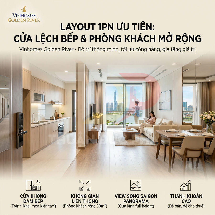 Căn hộ 1 phòng ngủ Vinhomes Golden River với bếp lệch cửa, phòng khách rộng và view sông Sài Gòn panorama