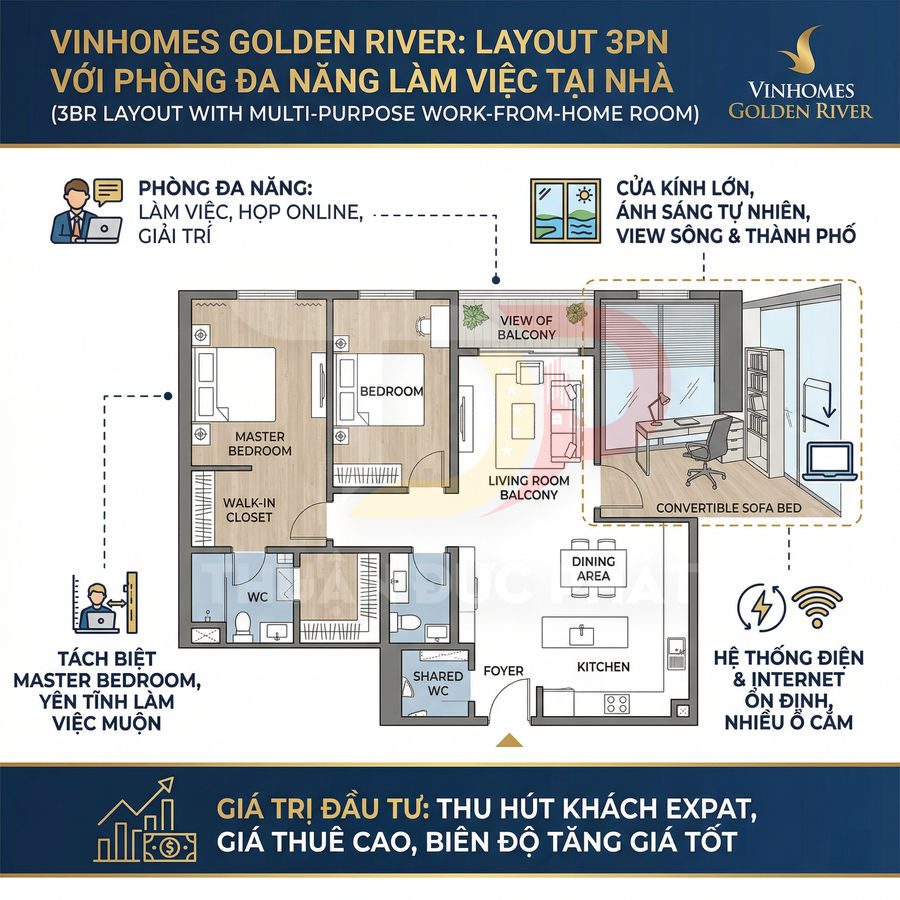 Mặt bằng căn hộ 3 phòng ngủ Vinhomes Golden River có phòng đa năng làm việc tại nhà, bếp và phòng khách ban công