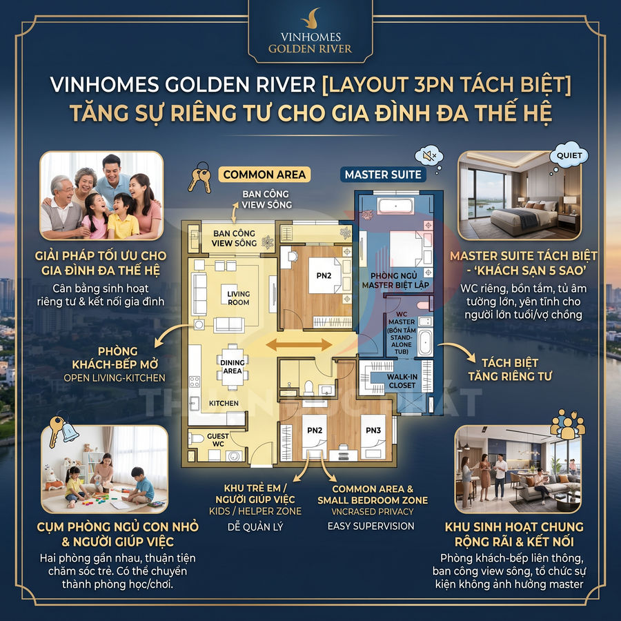 Mặt bằng căn hộ 3 phòng ngủ tách biệt Vinhomes Golden River cho gia đình đa thế hệ, khu sinh hoạt chung rộng rãi