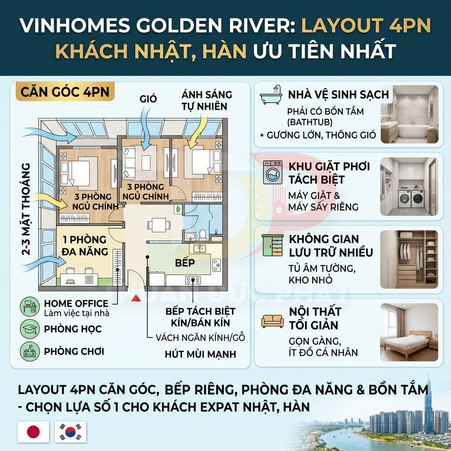 Mặt bằng căn hộ góc 4 phòng ngủ Vinhomes Golden River với bếp riêng, phòng đa năng và khu giặt phơi tách biệt