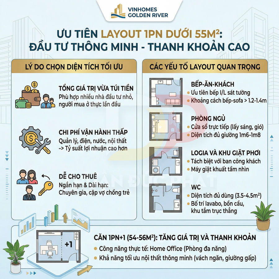 Infographic Vinhomes Golden River giới thiệu ưu điểm căn hộ 1 phòng ngủ dưới 55m2 và layout tối ưu để đầu tư, cho thuê