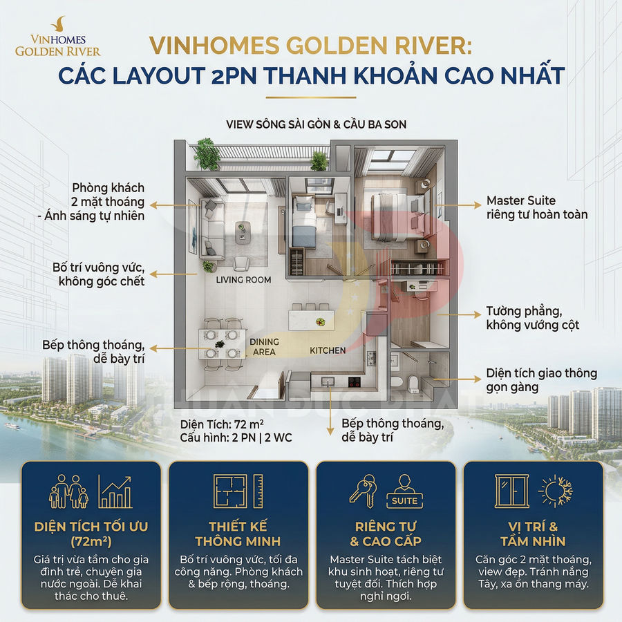 Mặt bằng căn hộ 2 phòng ngủ Vinhomes Golden River diện tích 72m2 với phòng khách, bếp và master suite
