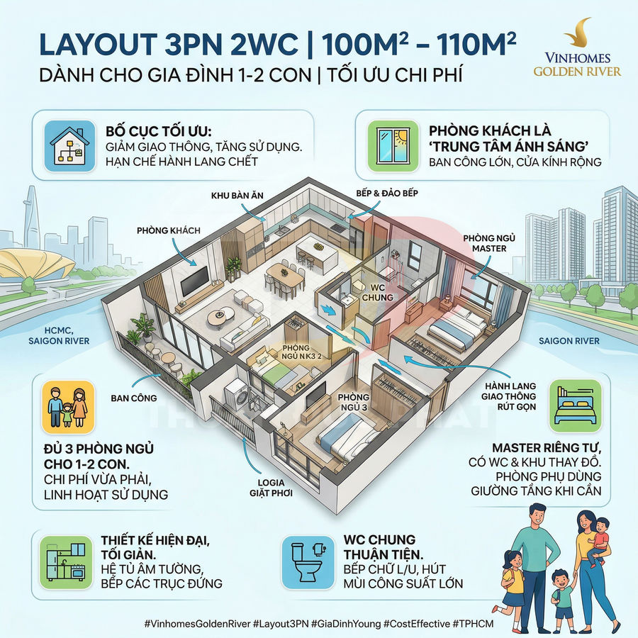 Mặt bằng căn hộ 3 phòng ngủ 2 vệ sinh 100m2 Vinhomes Golden River cho gia đình 1 đến 2 con