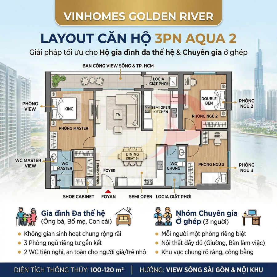 Mặt bằng căn hộ 3 phòng ngủ Vinhomes Golden River Aqua 2 diện tích 100 120m2 view sông Sài Gòn
