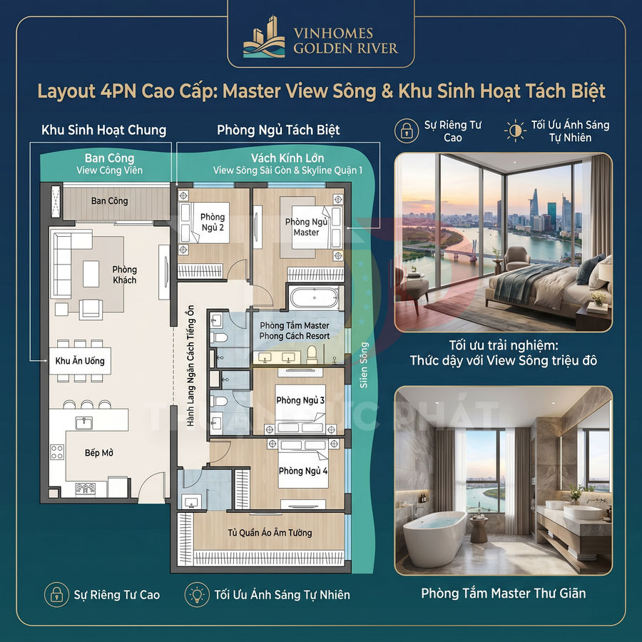 Mặt bằng căn hộ 4 phòng ngủ Vinhomes Golden River cao cấp view sông và khu sinh hoạt tách biệt