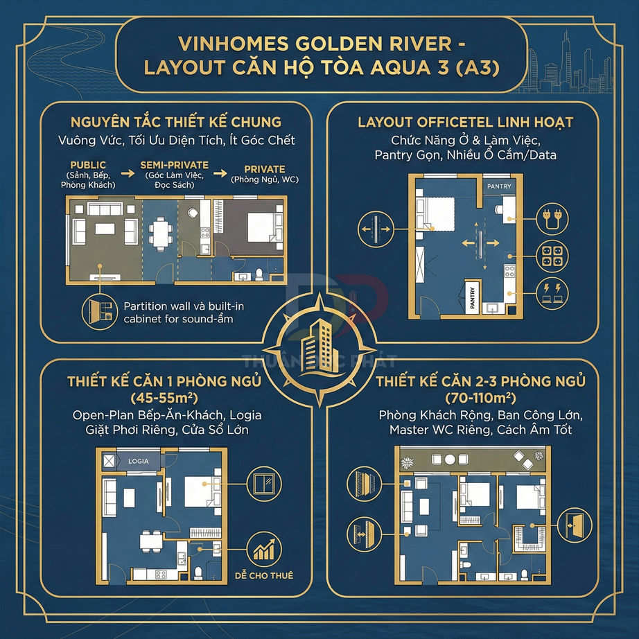 Layout căn hộ Vinhomes Golden River tòa Aqua 3 với thiết kế 1 đến 3 phòng ngủ và officetel linh hoạt