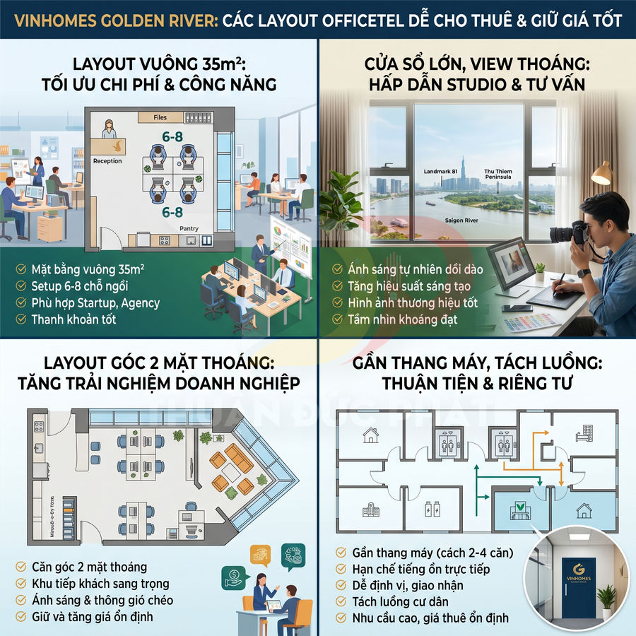 Thiết kế layout officetel Vinhomes Golden River với nhiều phương án mặt bằng tối ưu cho thuê và làm việc