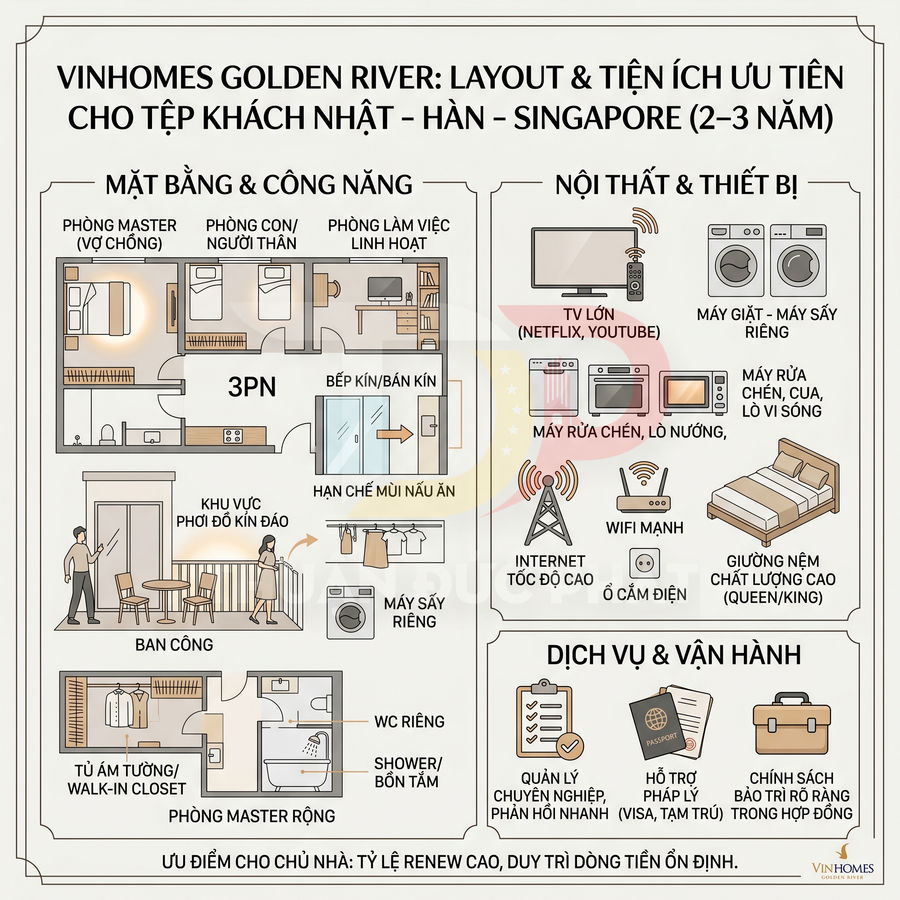 Infographic layout căn hộ Vinhomes Golden River 3PN cho khách Nhật Hàn Singapore với nội thất và tiện ích cao cấp