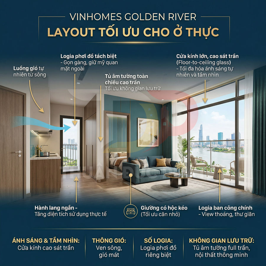 Căn hộ Vinhomes Golden River với phòng khách view sông, cửa kính lớn và logia ban công rộng thoáng
