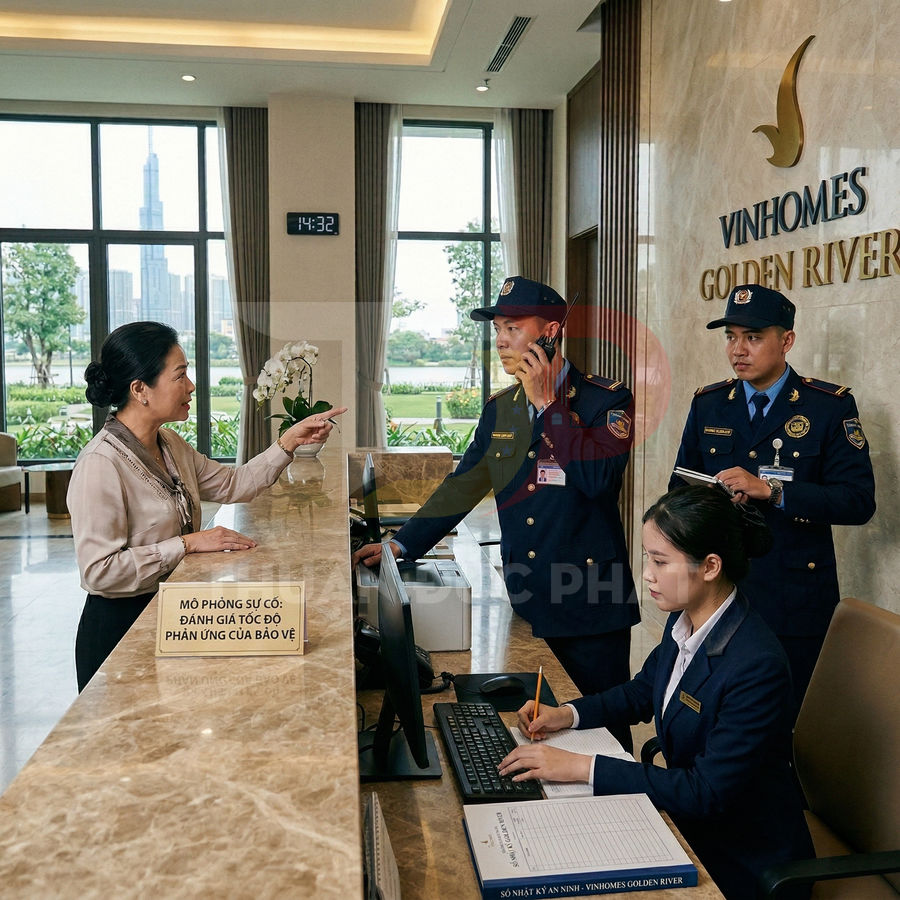 Quầy lễ tân Vinhomes Golden River với nhân viên bảo vệ hỗ trợ cư dân trong sảnh tòa nhà cao cấp