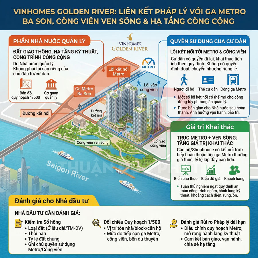 Infographic dự án Vinhomes Golden River liên kết pháp lý với ga Metro Ba Son và công viên ven sông Saigon