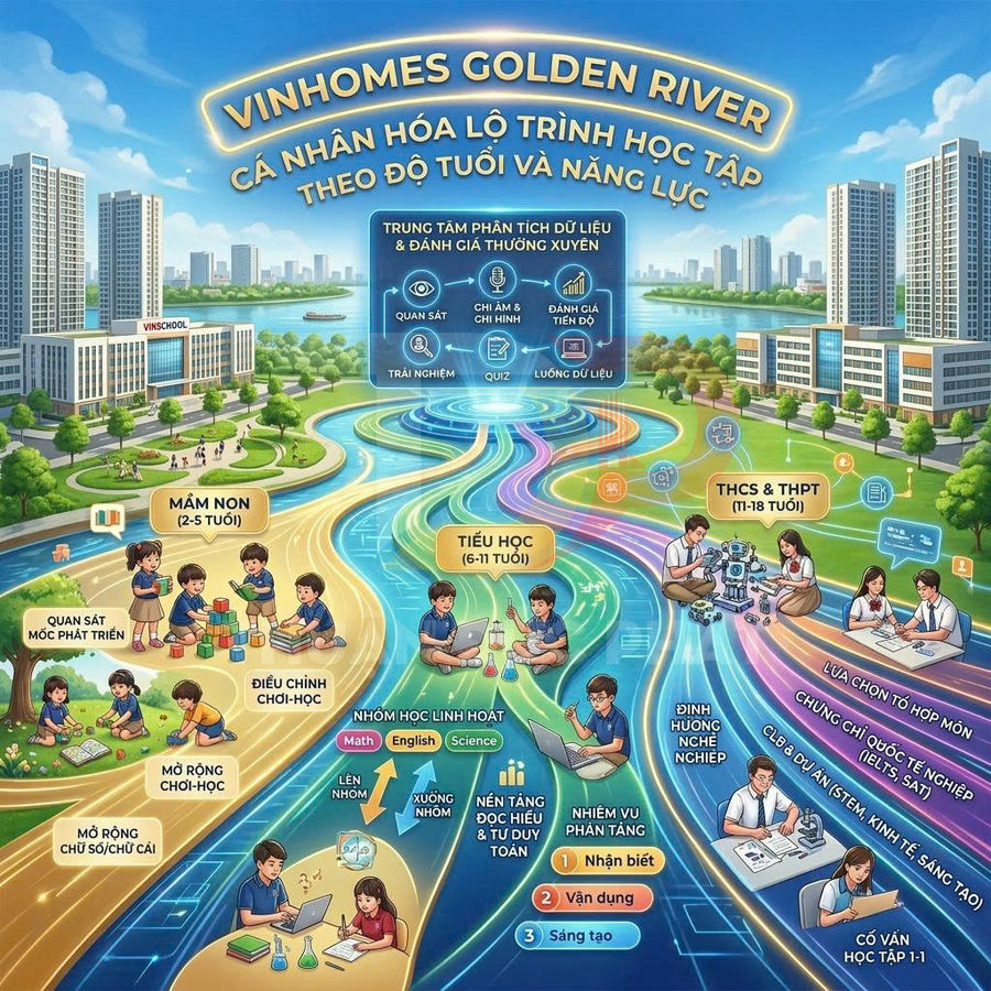 Lộ trình học tập cá nhân hóa Vinschool Vinhomes Golden River từ mầm non đến THPT với các hoạt động học và STEM