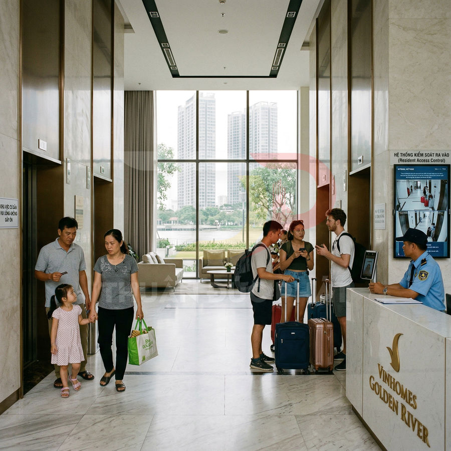 Sảnh lễ tân Vinhomes Golden River với khách làm thủ tục nhận phòng và nhân viên bảo vệ hỗ trợ