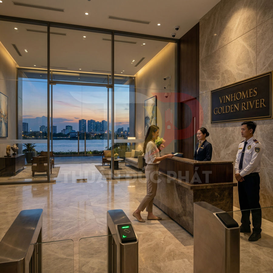 Sảnh lễ tân sang trọng Vinhomes Golden River với nhân viên hỗ trợ khách hàng