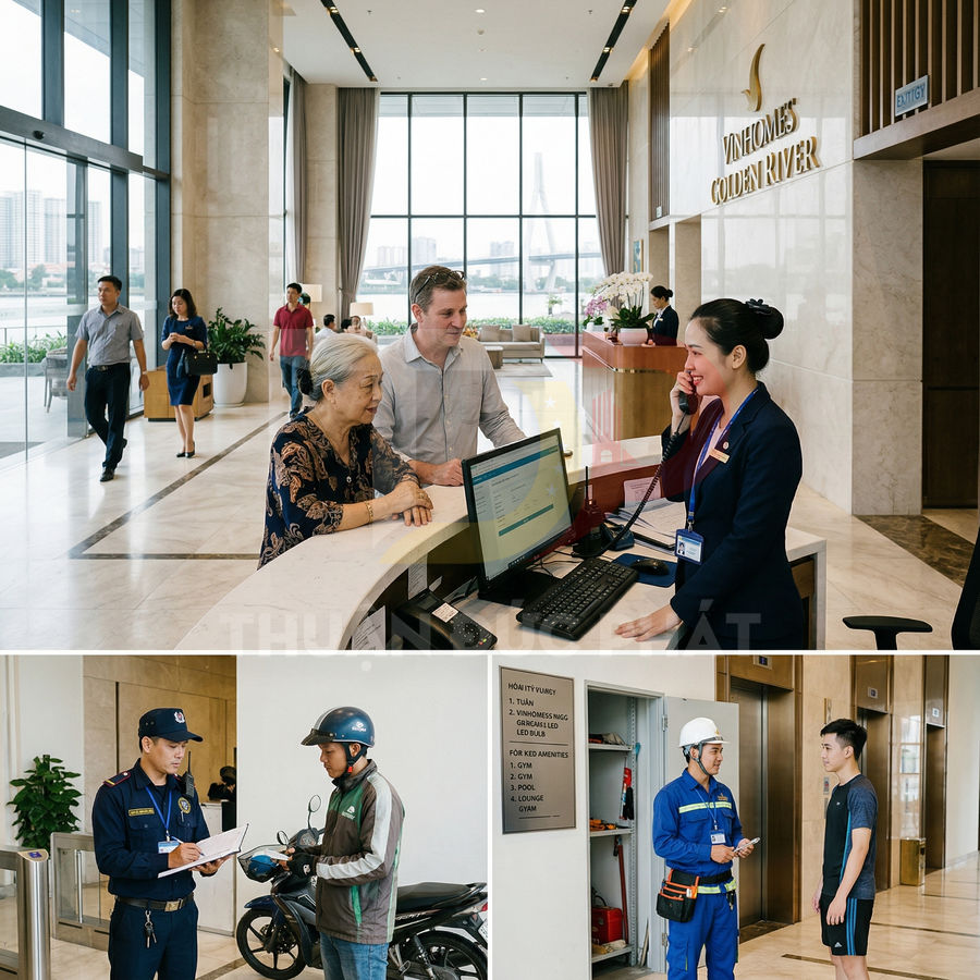 Nhân viên lễ tân và bảo vệ Vinhomes Golden River hỗ trợ cư dân tại sảnh và khu dịch vụ tòa nhà