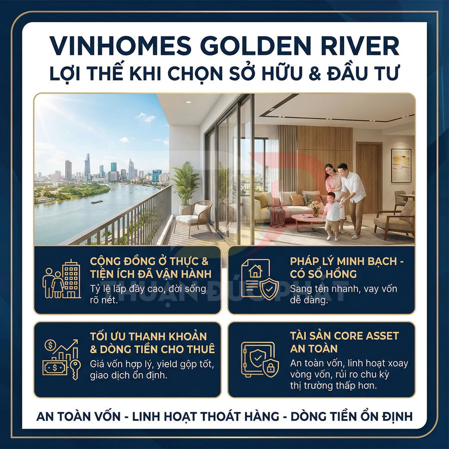 Căn hộ Vinhomes Golden River view sông Sài Gòn, gia đình trẻ vui đùa trong phòng khách sang trọng