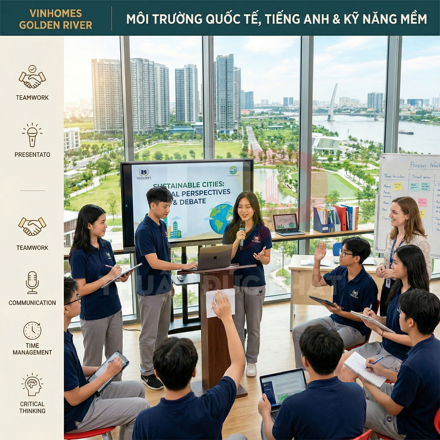 Học sinh thuyết trình tiếng Anh về thành phố bền vững trong lớp kỹ năng mềm tại Vinhomes Golden River