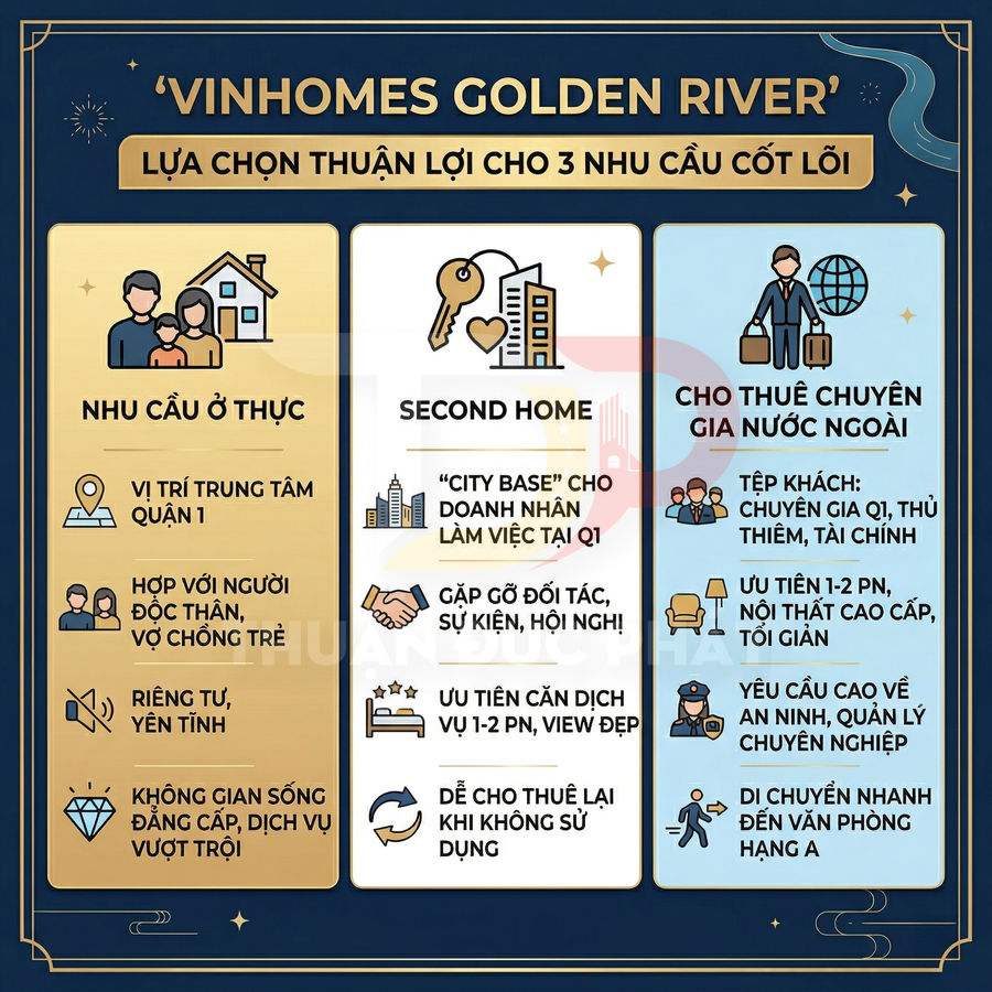 Infographic giới thiệu dự án căn hộ Vinhomes Golden River đáp ứng nhu cầu ở thực, second home và cho thuê chuyên gia