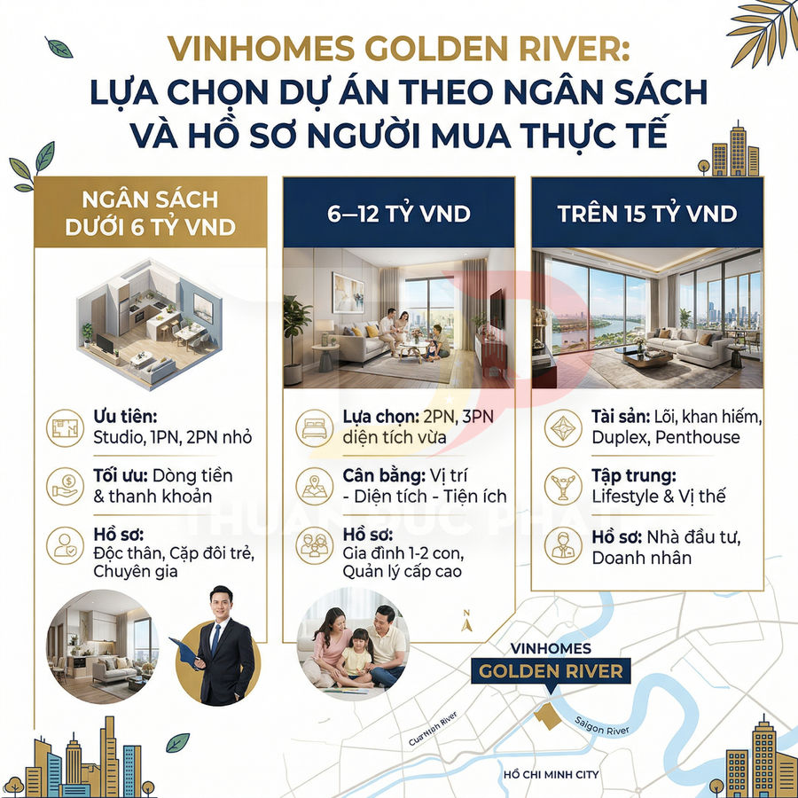 Infographic giới thiệu dự án căn hộ cao cấp Vinhomes Golden River theo các mức ngân sách mua nhà