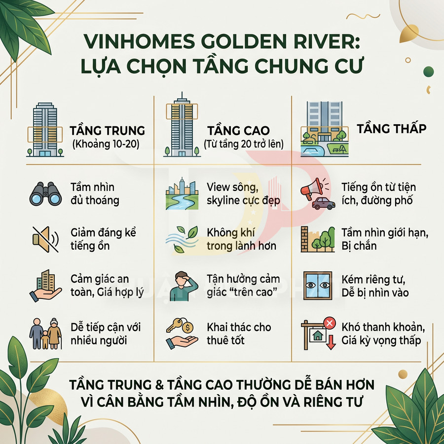 Infographic so sánh ưu nhược điểm chọn tầng trung, tầng cao, tầng thấp tại chung cư Vinhomes Golden River