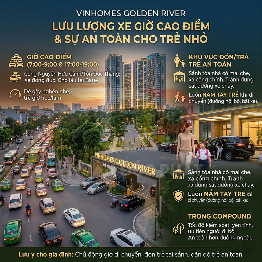 Khu căn hộ Vinhomes Golden River với cổng chính, tòa nhà cao tầng và ô tô đưa đón trẻ em an toàn