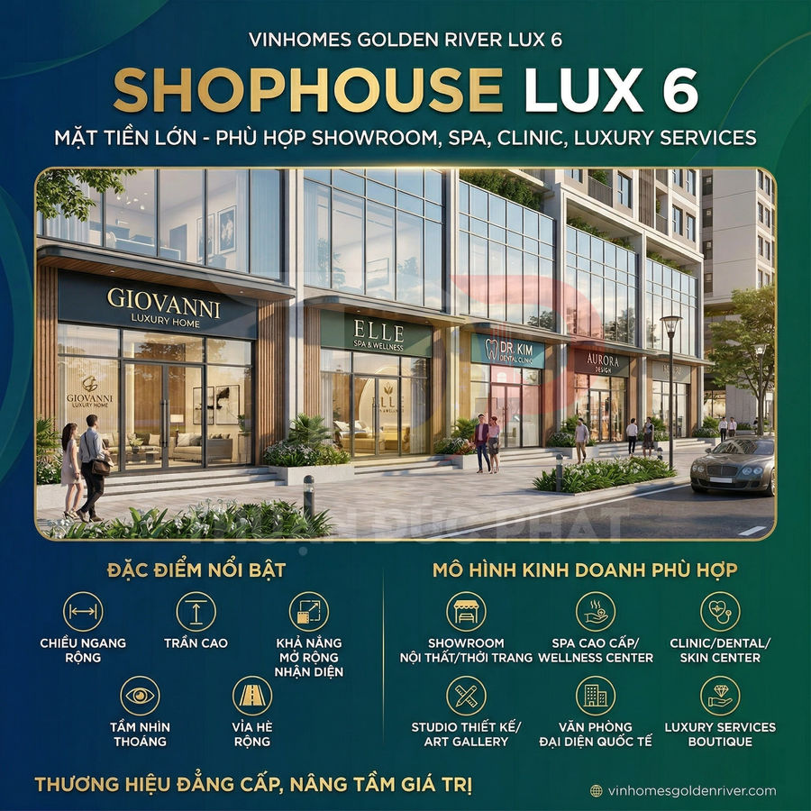 Mặt tiền shophouse Vinhomes Golden River Lux 6 với các cửa hàng spa, showroom và clinic cao cấp
