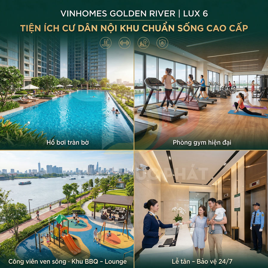 Tiện ích nội khu cao cấp tại căn hộ Vinhomes Golden River Lux 6 với hồ bơi, phòng gym, công viên và lễ tân 24/7