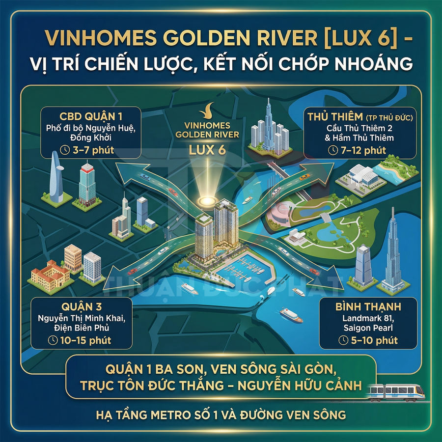 Vị trí dự án căn hộ Vinhomes Golden River Lux 6 tại quận 1 kết nối nhanh đến CBD, Thủ Thiêm, Bình Thạnh, quận 3