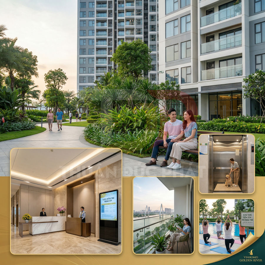 Căn hộ cao cấp Vinhomes Golden River với vườn cây, hồ bơi, phòng tập yoga và sảnh lễ tân sang trọng