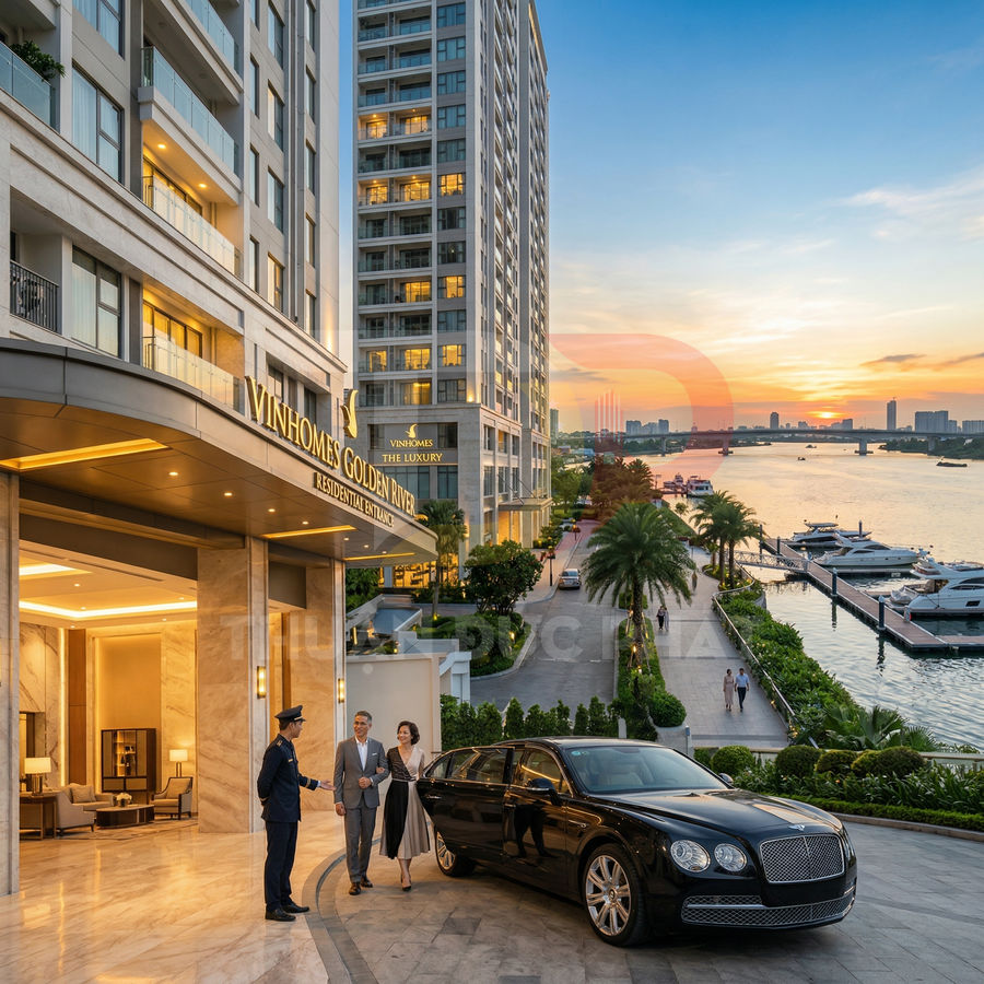 Cổng vào Vinhomes Golden River sang trọng với xe Bentley đón cư dân bên bến du thuyền ven sông lúc hoàng hôn