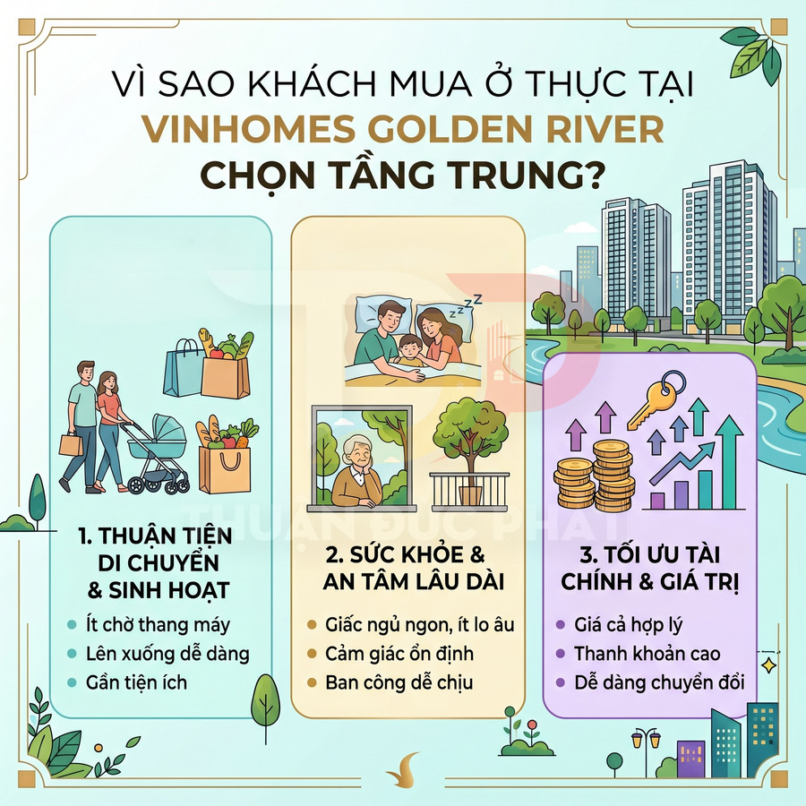 Infographic lý do khách chọn tầng trung tại dự án căn hộ Vinhomes Golden River, nêu lợi ích di chuyển sức khỏe tài chính